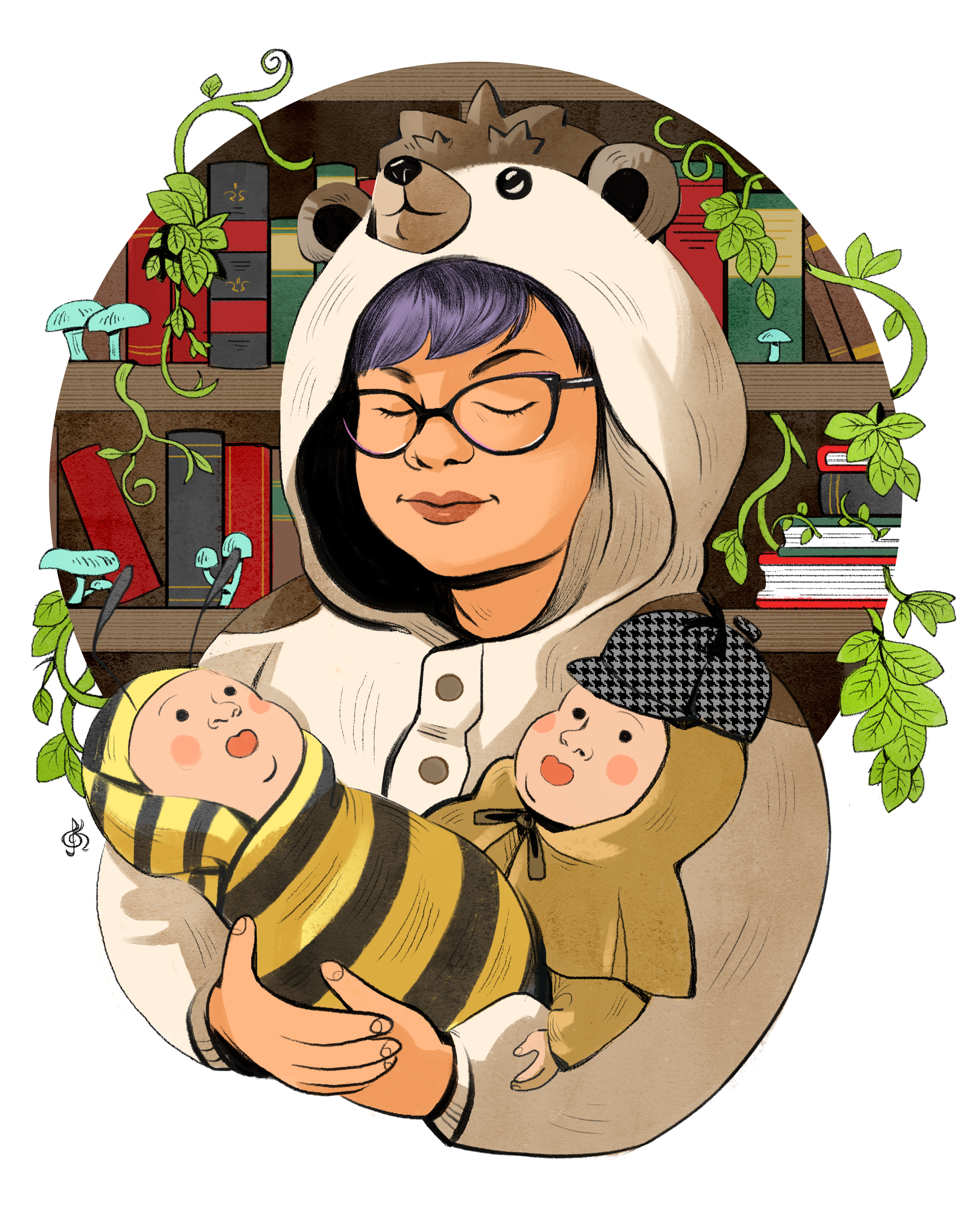 art by kayla kinoo; portrait of me in a hedgehog onesie holding twin babies dressed as a bee and sherlock holmes