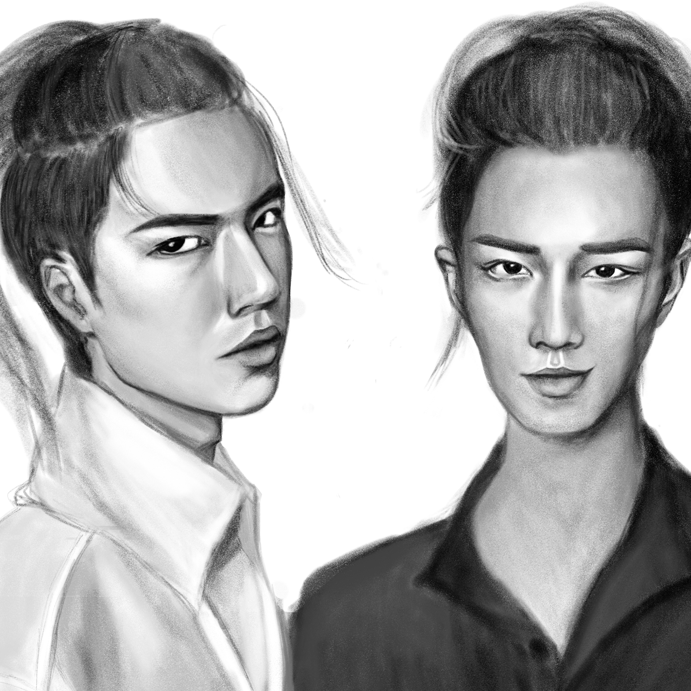 art by me, caroline; black and white portrait of wang yibo and xiao zhan from the harper bazaar untamed shoot